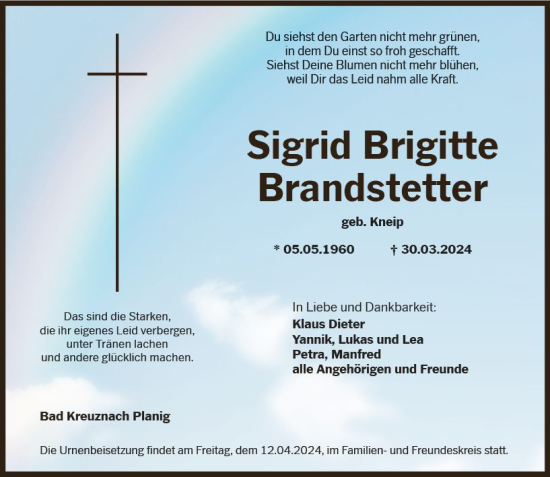 Traueranzeige von Sigrid Brigitte Brandstetter von Allgemeine Zeitung Bad Kreuznach
