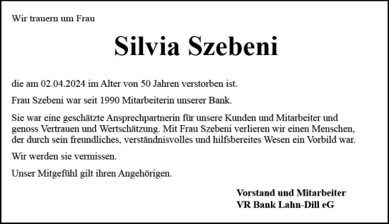 Traueranzeige von Silvia Szebeni von Hinterländer Anzeiger