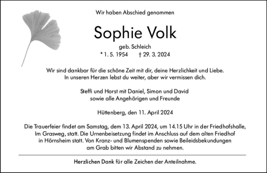 Traueranzeige von Sophie Volk von Wetzlarer Neue Zeitung