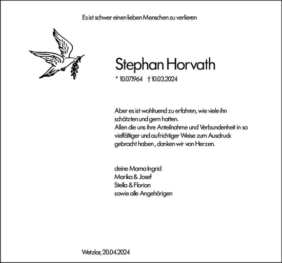 Traueranzeige von Stephan Horvath von Wetzlarer Neue Zeitung