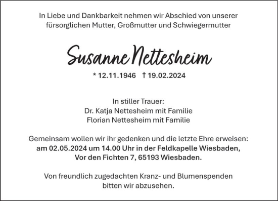Traueranzeige von Susanne Nettesheim von Wiesbadener Kurier
