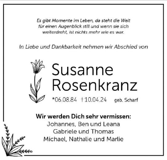 Traueranzeige von Susanne Rosenkranz von Hinterländer Anzeiger