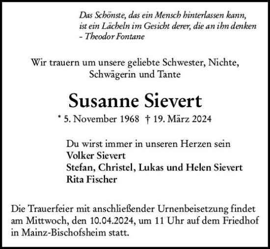 Traueranzeige von Susanne Sievert von Rüsselsheimer Echo