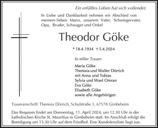 Traueranzeige von Theodor Göke von Wormser Zeitung