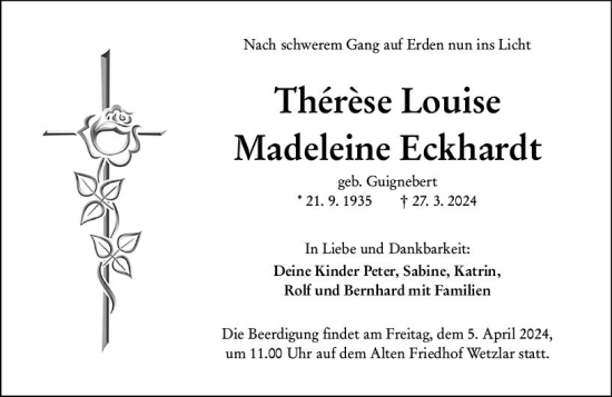 Traueranzeige von Therese Louise Madeleine Eckhardt von Wetzlarer Neue Zeitung