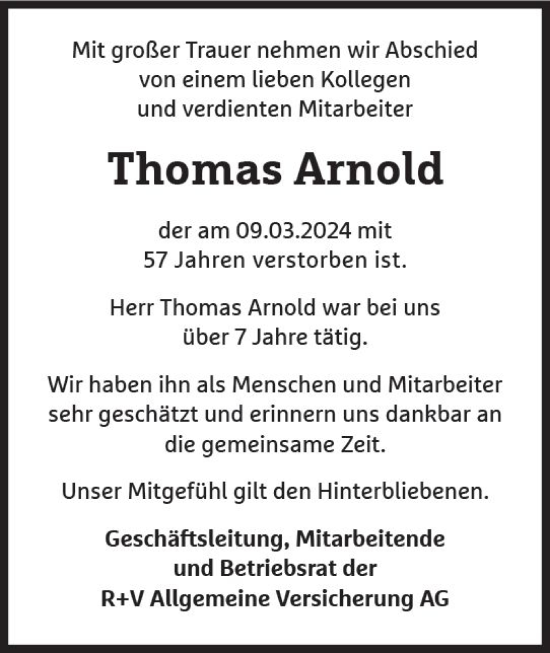 Traueranzeige von Thomas Arnold von Wiesbadener Kurier