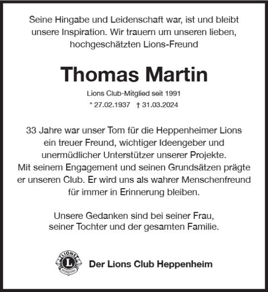 Traueranzeige von Thomas Martin von Starkenburger Echo