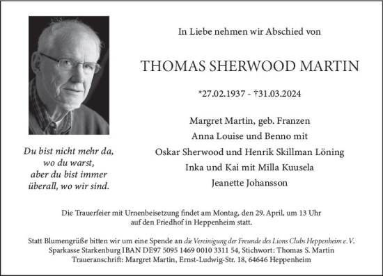 Traueranzeige von Thomas Sherwood Martin von Starkenburger Echo