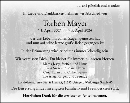 Traueranzeige von Torben Mayer von Wetzlarer Neue Zeitung