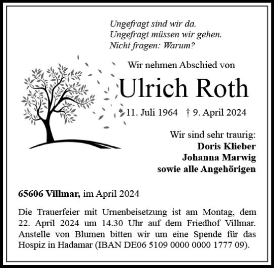 Traueranzeige von Ulrich Roth von Nassauische Neue Presse