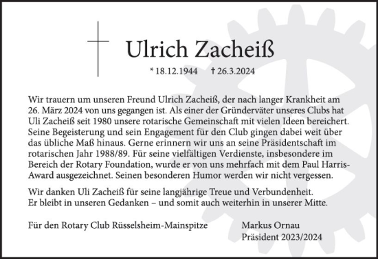 Traueranzeige von Ulrich Zacheiß von Rüsselsheimer Echo