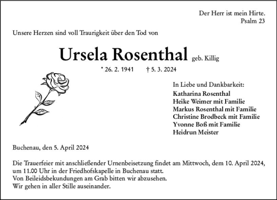Traueranzeige von Ursela Rosenthal von Hinterländer Anzeiger