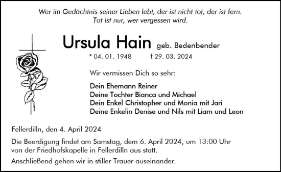 Traueranzeige von Ursula Hain von Dill Block