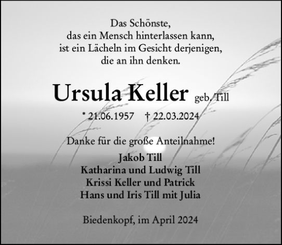 Traueranzeige von Ursula Keller von Hinterländer Anzeiger
