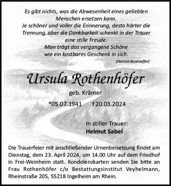 Traueranzeige von Ursula Rothenhöfer von Allgemeine Zeitung Bingen/Ingelheim