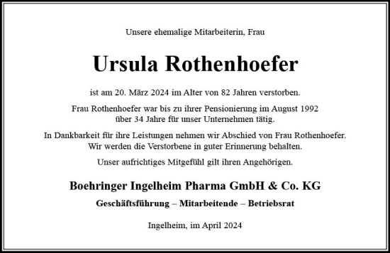 Traueranzeige von Ursula Rothenhoefer von Allgemeine Zeitung Bingen/Ingelheim