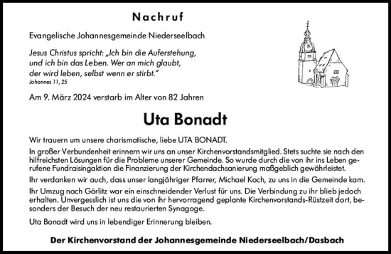Traueranzeige von Uta Bonadt von Idsteiner Land/Untertaunus