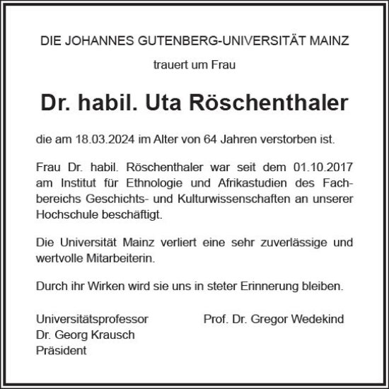 Traueranzeige von Uta Röschenthaler von Allgemeine Zeitung Mainz