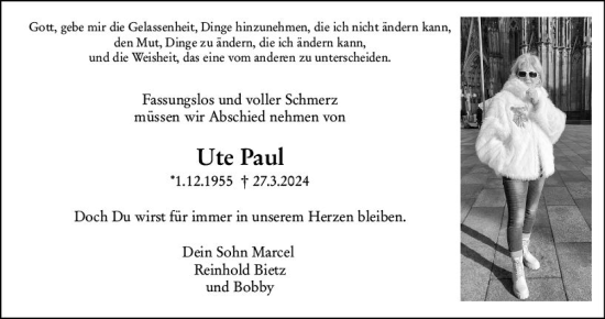 Traueranzeige von Ute Paul von Dill Block