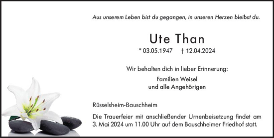 Traueranzeige von Ute Than von Rüsselsheimer Echo