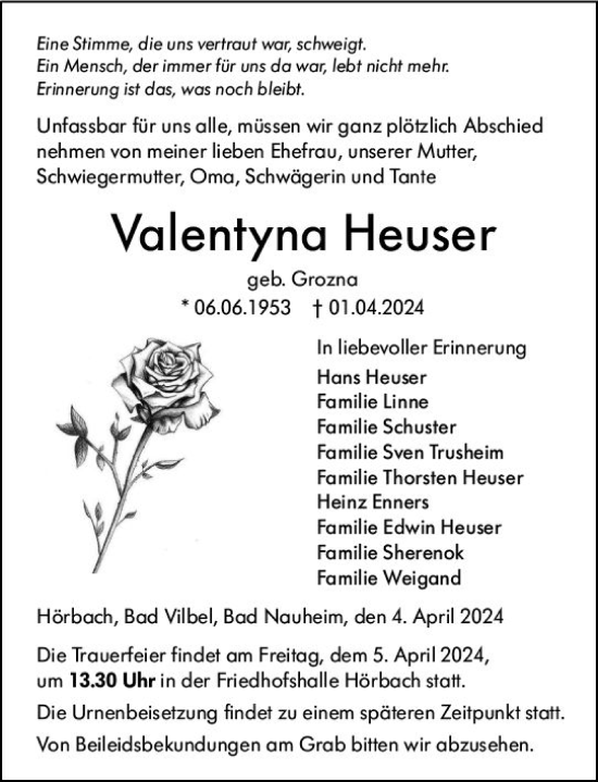 Traueranzeige von Valentyna Heuser von Dill Block