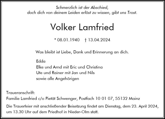 Traueranzeige von Volker Lamfried von Allgemeine Zeitung Mainz
