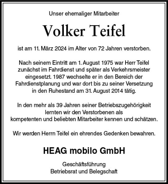 Traueranzeige von Volker Teifel von Darmstädter Echo