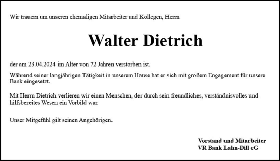 Traueranzeige von Walter Dietrich von Dill Block