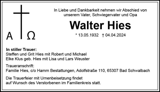 Traueranzeige von Walter Hies von Idsteiner Land/Untertaunus