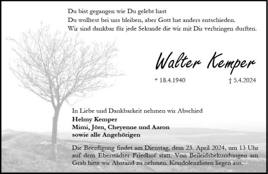 Traueranzeige von Walter Kemper von Darmstädter Echo