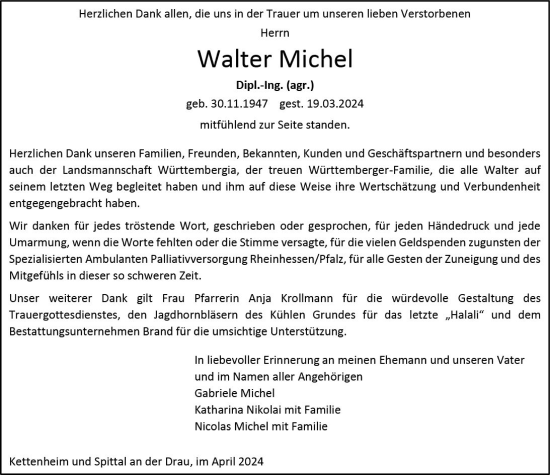 Traueranzeige von Walter Michel von Allgemeine Zeitung Bad Kreuznach