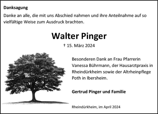 Traueranzeige von Walter Pinger von Wormser Zeitung