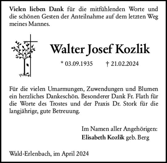 Traueranzeige von Walter Josef Kozlik von Starkenburger Echo