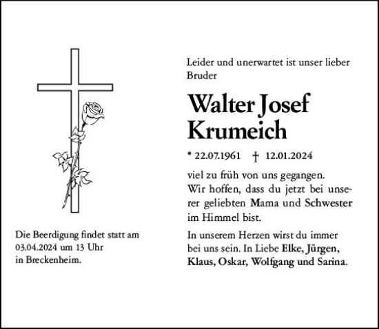 Traueranzeige von Walter Josef Krumeich von Wiesbadener Kurier