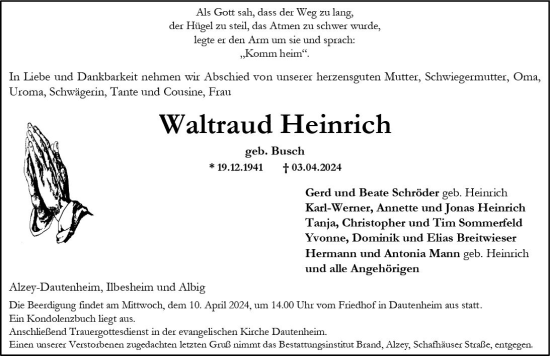 Traueranzeige von Waltraud Heinrich von Allgemeine Zeitung Alzey
