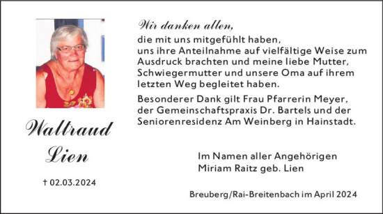 Traueranzeige von Waltraud Lien von Odenwälder Echo