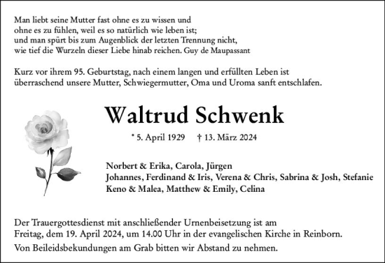 Traueranzeige von Waltrud Schwenk von Camberger Anzeiger