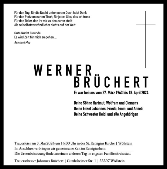 Traueranzeige von Werner Brüchert von Allgemeine Zeitung Alzey
