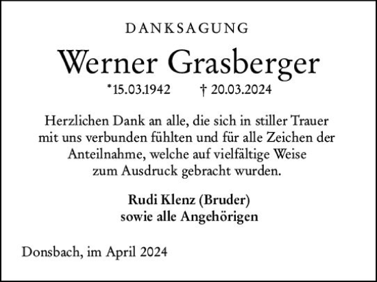 Traueranzeige von Werner Grasberger von Dill Block
