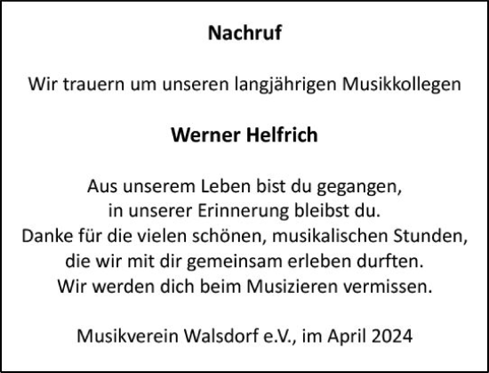 Traueranzeige von Werner Helfrich von Camberger Anzeiger