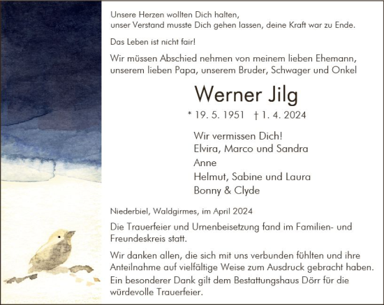 Traueranzeige von Werner Jilg von Wetzlarer Neue Zeitung