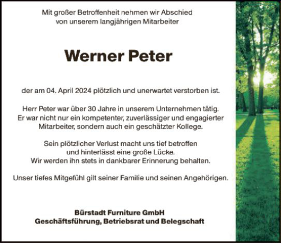 Traueranzeige von Werner Peter von Starkenburger Echo