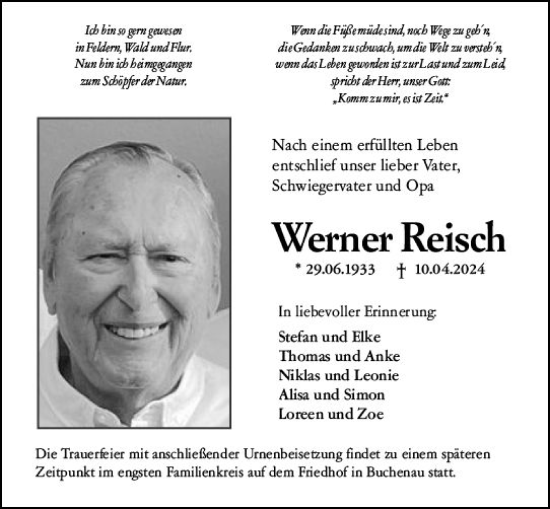 Traueranzeige von Werner Reisch von Hinterländer Anzeiger