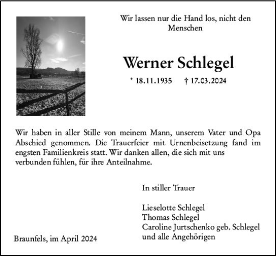 Traueranzeige von Werner Schlegel von Wetzlarer Neue Zeitung