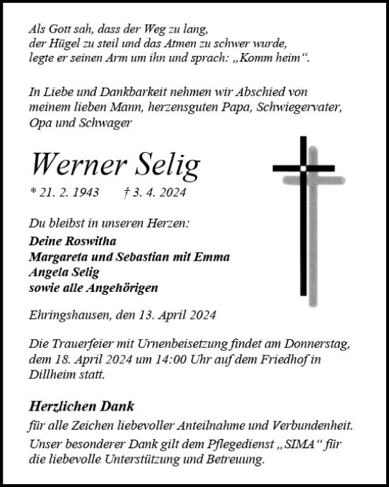 Traueranzeige von Werner Selig von Wetzlarer Neue Zeitung