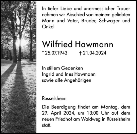 Traueranzeige von Wilfried Hawmann von Rüsselsheimer Echo