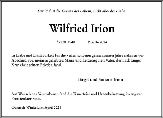 Traueranzeige von Wilfried Irion von Wiesbadener Kurier