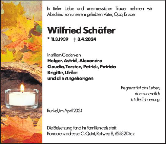 Traueranzeige von Wilfried Schäfer von Weilburger Tageblatt