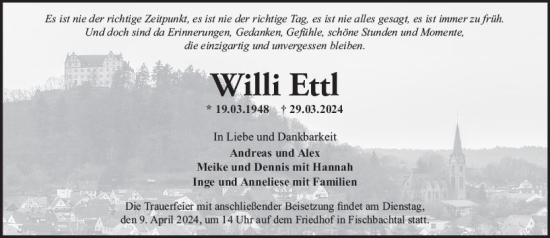 Traueranzeige von Willi Ettl von Darmstädter Echo