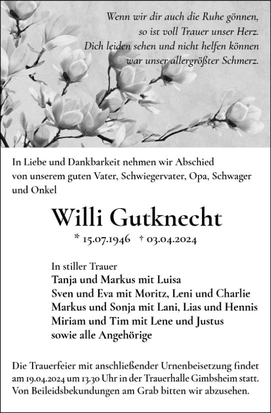 Traueranzeige von Willi Gutknecht von Wormser Zeitung